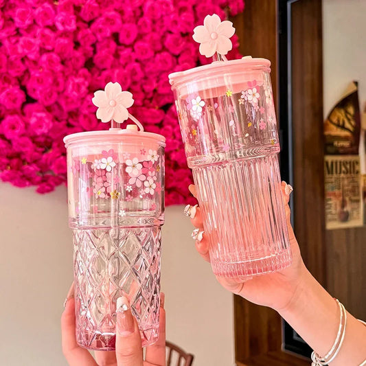 Reusable Drink Cup Party Cups with Straw Lid Cute Cherry Blossom Glass Tumblers for Cold Drinks Home Office Outdoor Summer Gift