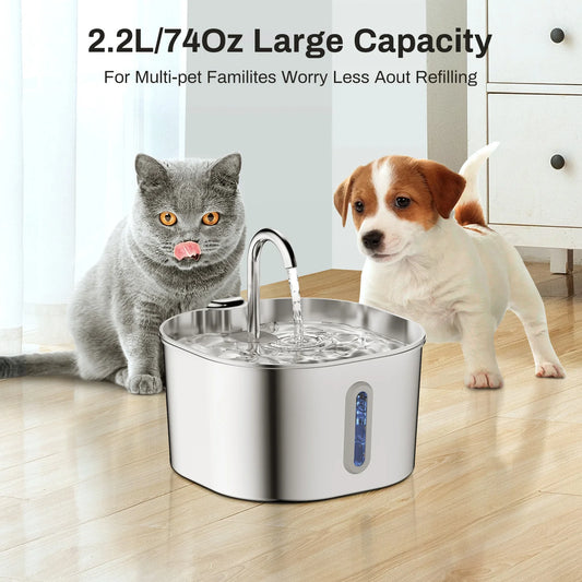 2.2L Automatic Cat Water Fountain Square Stainless Steel Pet Water Feeder Dog Water Fountain with Window(No 5V 1A Plug)