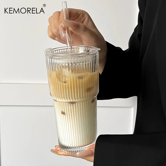 Striped Glass Coffee Cup with Lid & Straw – 600ml