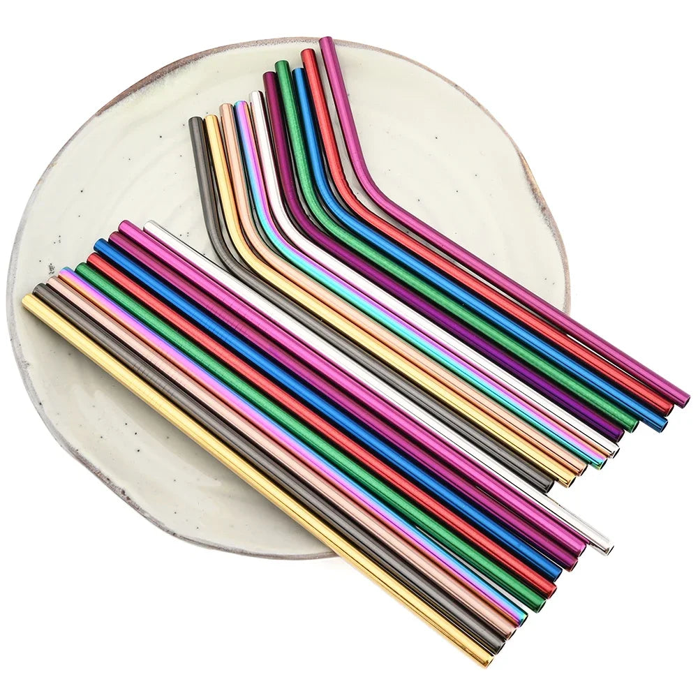 8pcs Colorful Reusable Drinking Straw Metal Straw 304 Stainless Steel Straws Set with Brush Bag Bar Cocktail Straw for Drinkware