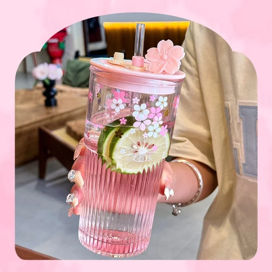 Reusable Drink Cup Party Cups with Straw Lid Cute Cherry Blossom Glass Tumblers for Cold Drinks Home Office Outdoor Summer Gift