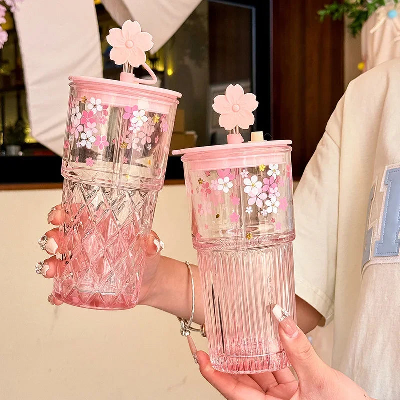 Reusable Drink Cup Party Cups with Straw Lid Cute Cherry Blossom Glass Tumblers for Cold Drinks Home Office Outdoor Summer Gift