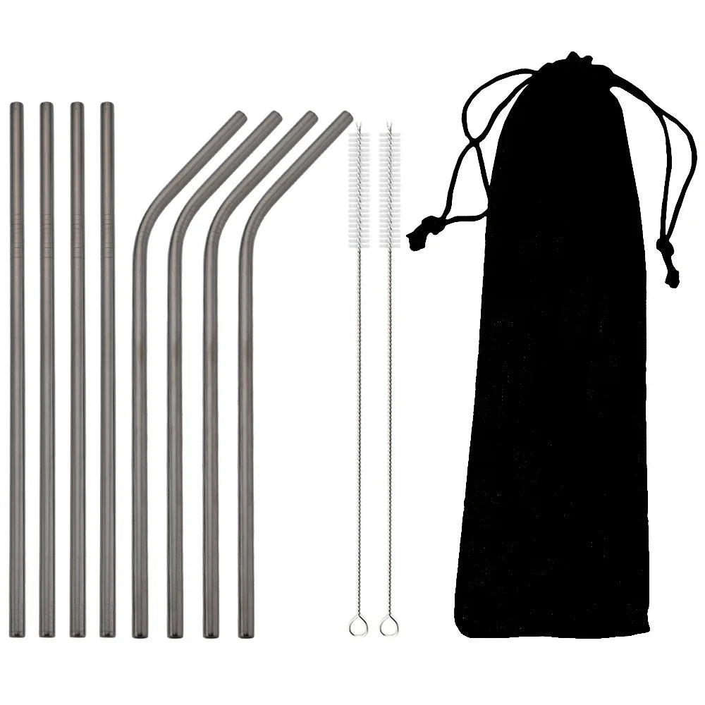 8pcs Colorful Reusable Drinking Straw Metal Straw 304 Stainless Steel Straws Set with Brush Bag Bar Cocktail Straw for Drinkware