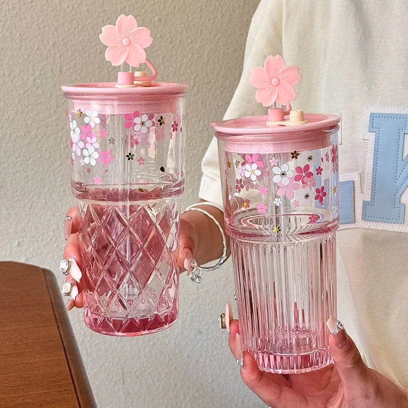 Reusable Drink Cup Party Cups with Straw Lid Cute Cherry Blossom Glass Tumblers for Cold Drinks Home Office Outdoor Summer Gift