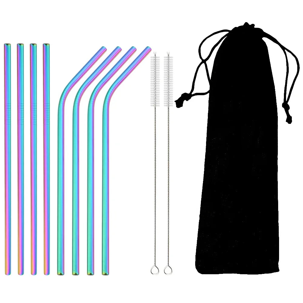 8pcs Colorful Reusable Drinking Straw Metal Straw 304 Stainless Steel Straws Set with Brush Bag Bar Cocktail Straw for Drinkware