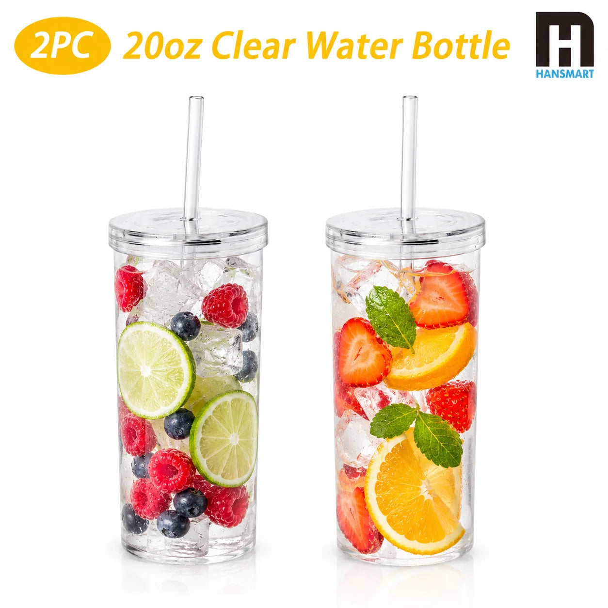 HANSMART 2Pcs 20oz Clear Plastic Tumbler with Lid & Straw, Large Capacity BPA Free Iced Coffee Juice Cup for Home Office Travel Outdoor