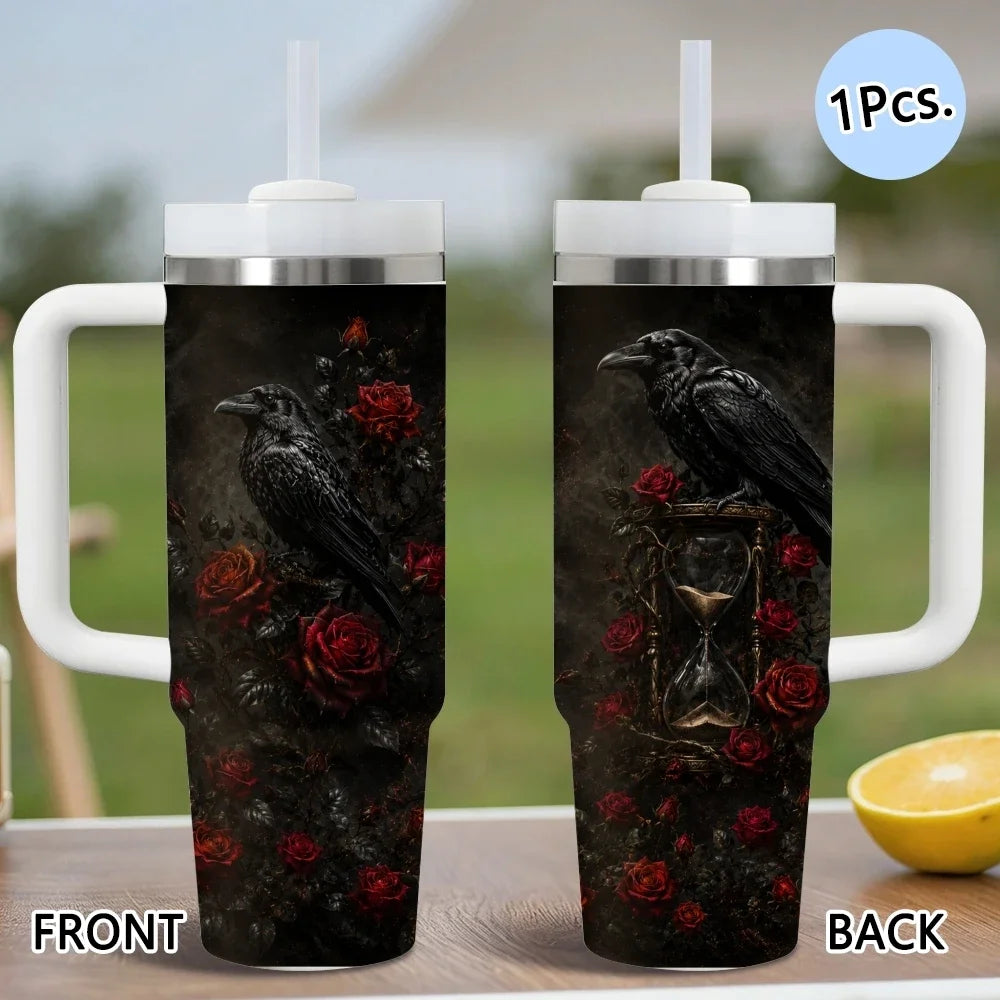 Gothic style crows Vacuum Flasks 40oz Stainless Steel Insulated Tumbler with Handle & Straw Leakproof Travel Mug