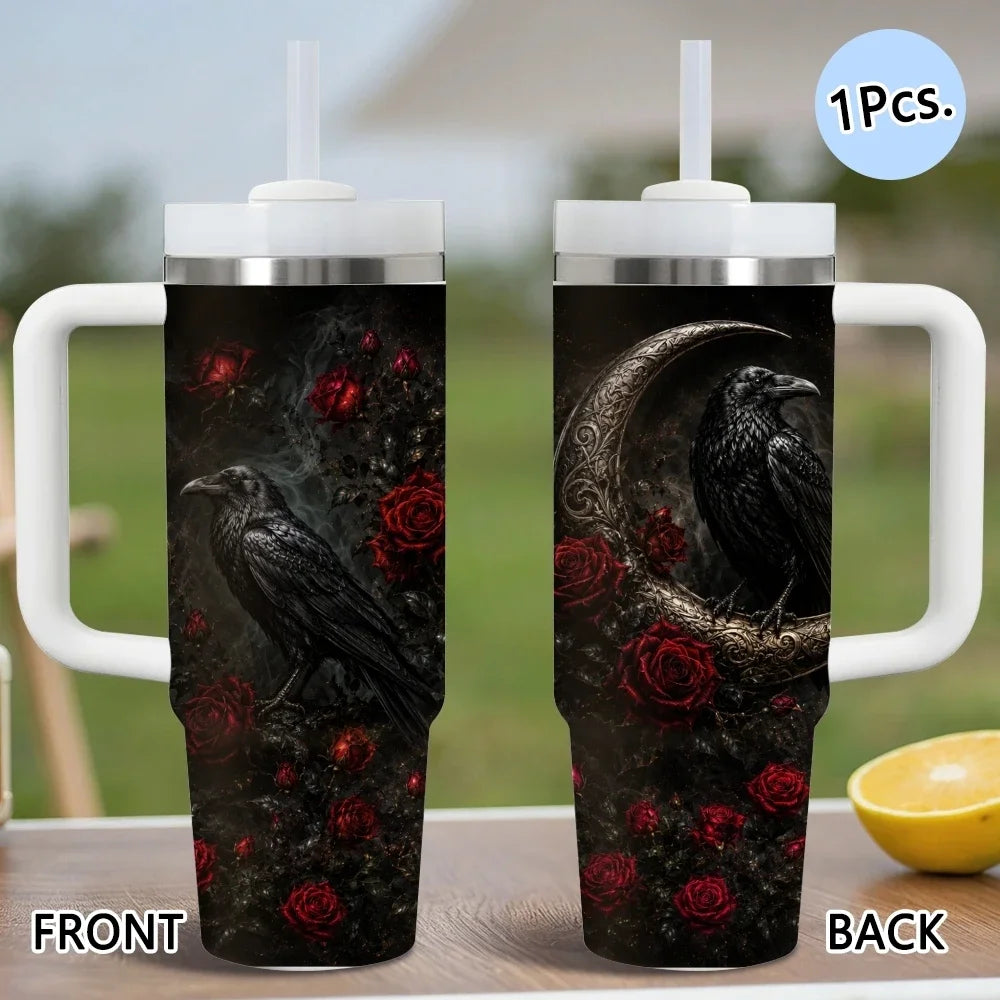 Gothic style crows Vacuum Flasks 40oz Stainless Steel Insulated Tumbler with Handle & Straw Leakproof Travel Mug