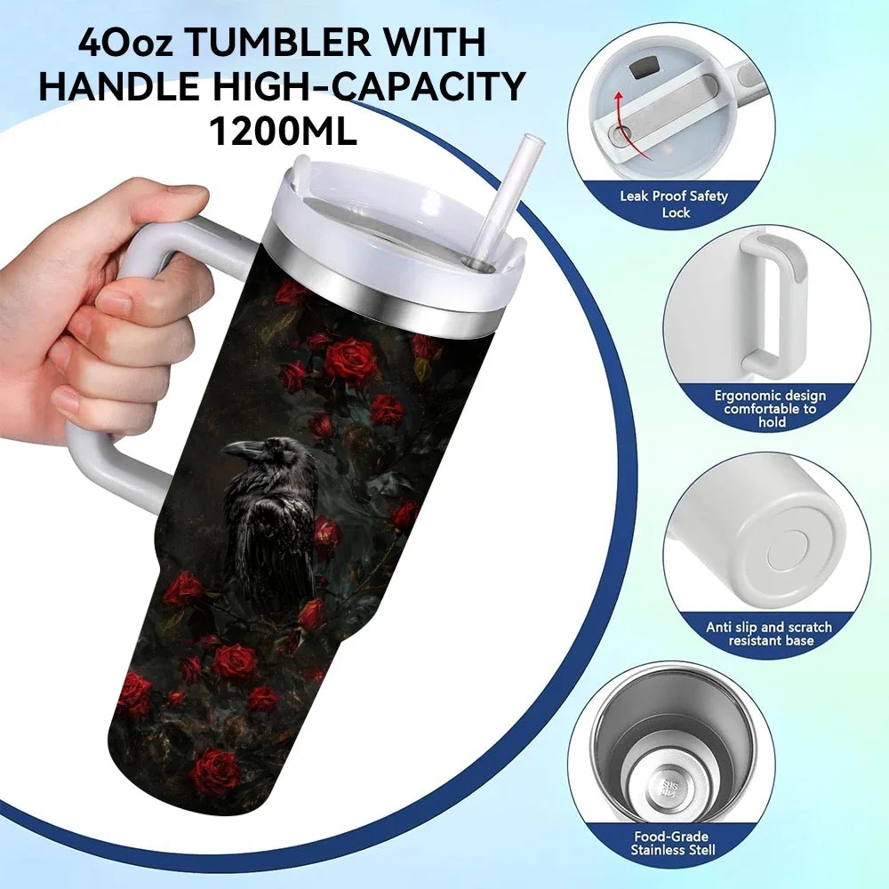 Gothic style crows Vacuum Flasks 40oz Stainless Steel Insulated Tumbler with Handle & Straw Leakproof Travel Mug