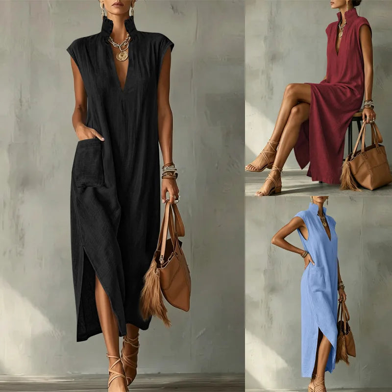 summer women sleeveless holiday long dress for women, elegant and elegant stand-up collar and high slit dress