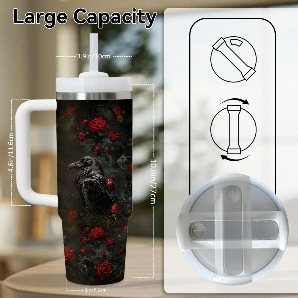 Gothic style crows Vacuum Flasks 40oz Stainless Steel Insulated Tumbler with Handle & Straw Leakproof Travel Mug