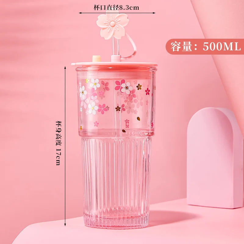 Reusable Drink Cup Party Cups with Straw Lid Cute Cherry Blossom Glass Tumblers for Cold Drinks Home Office Outdoor Summer Gift