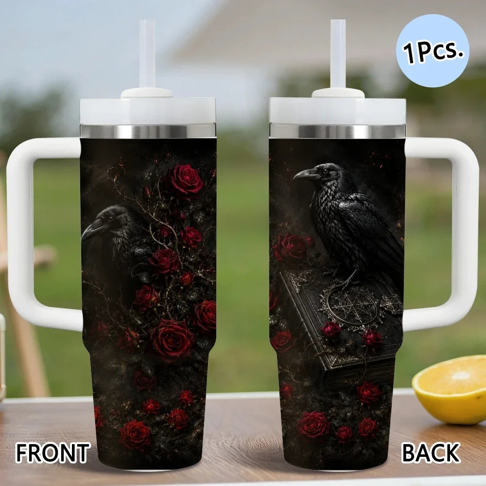 Gothic style crows Vacuum Flasks 40oz Stainless Steel Insulated Tumbler with Handle & Straw Leakproof Travel Mug