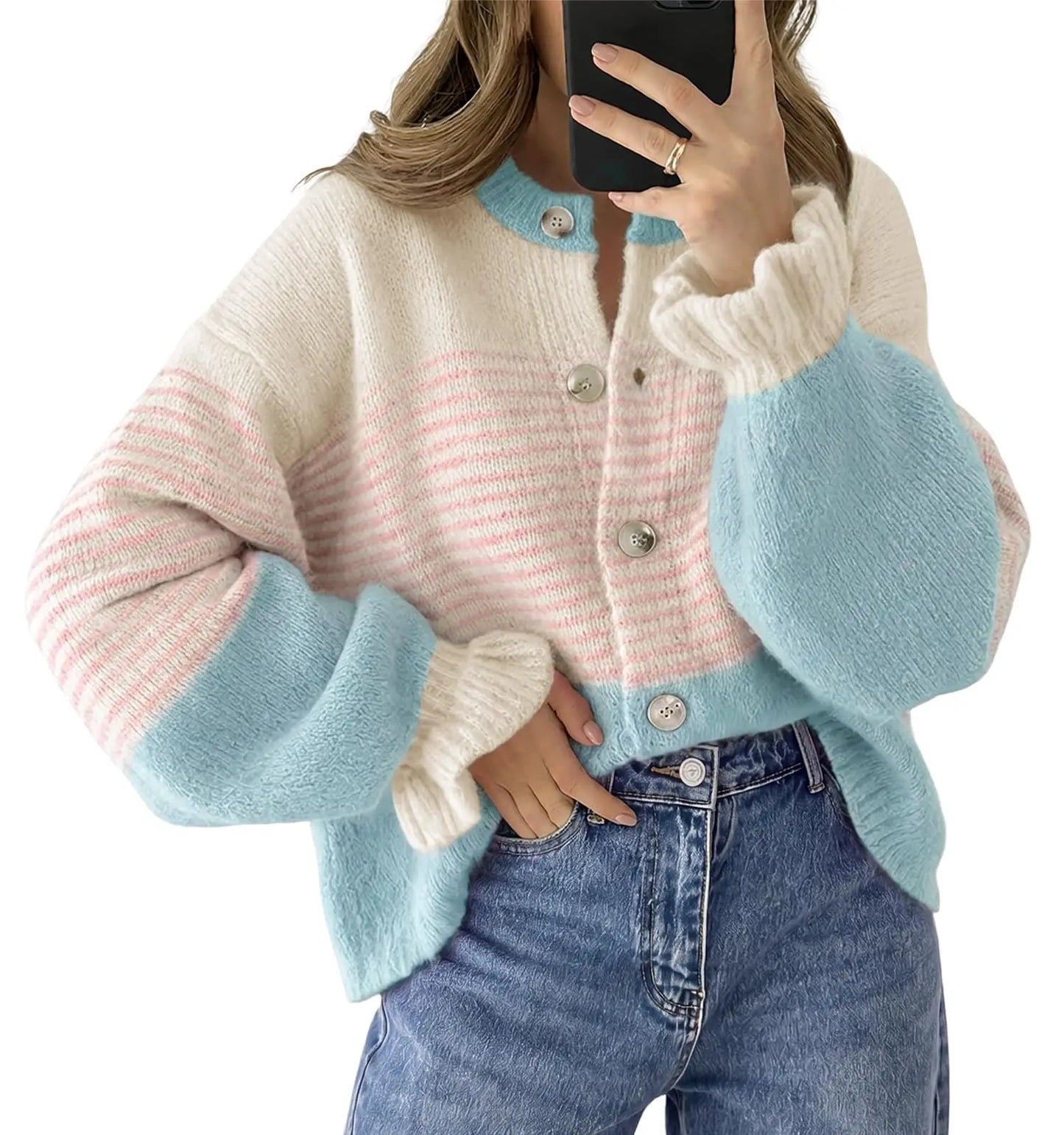 Ruffle Sleeve Color Block Cardigan Coat
