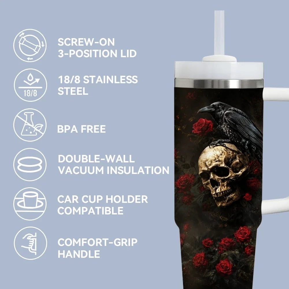 Gothic style crows Vacuum Flasks 40oz Stainless Steel Insulated Tumbler with Handle & Straw Leakproof Travel Mug