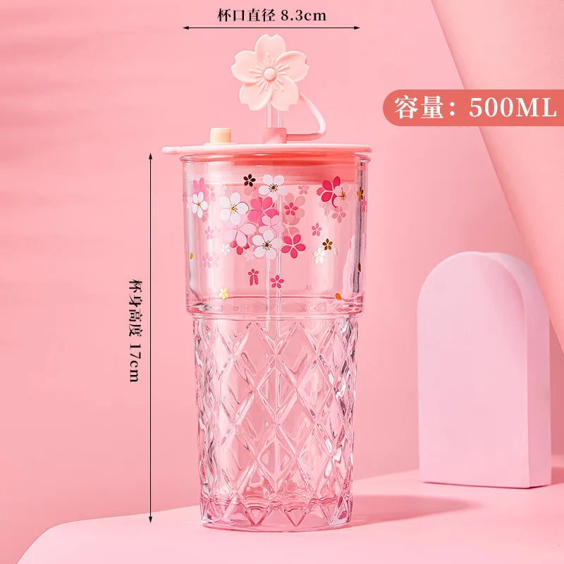 Reusable Drink Cup Party Cups with Straw Lid Cute Cherry Blossom Glass Tumblers for Cold Drinks Home Office Outdoor Summer Gift
