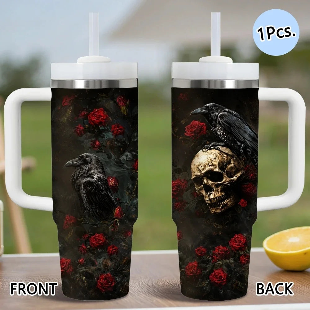 Gothic style crows Vacuum Flasks 40oz Stainless Steel Insulated Tumbler with Handle & Straw Leakproof Travel Mug