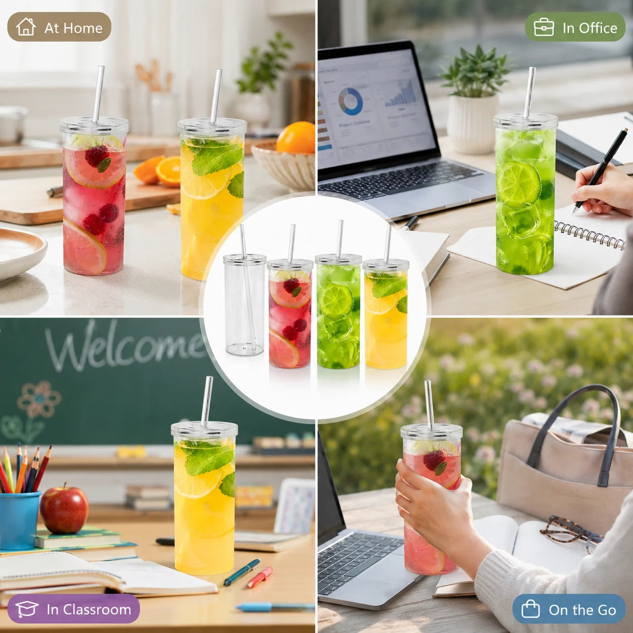 HANSMART 2Pcs 20oz Clear Plastic Tumbler with Lid & Straw, Large Capacity BPA Free Iced Coffee Juice Cup for Home Office Travel Outdoor