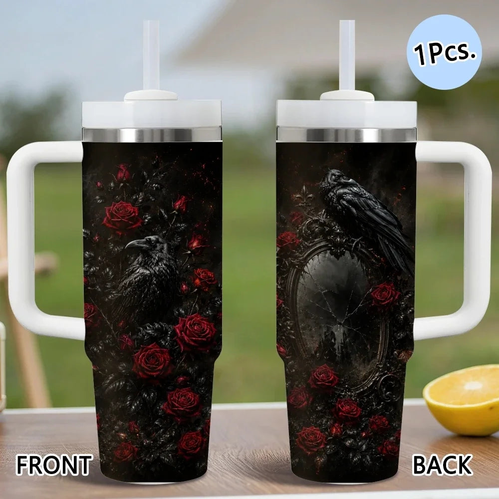 Gothic style crows Vacuum Flasks 40oz Stainless Steel Insulated Tumbler with Handle & Straw Leakproof Travel Mug