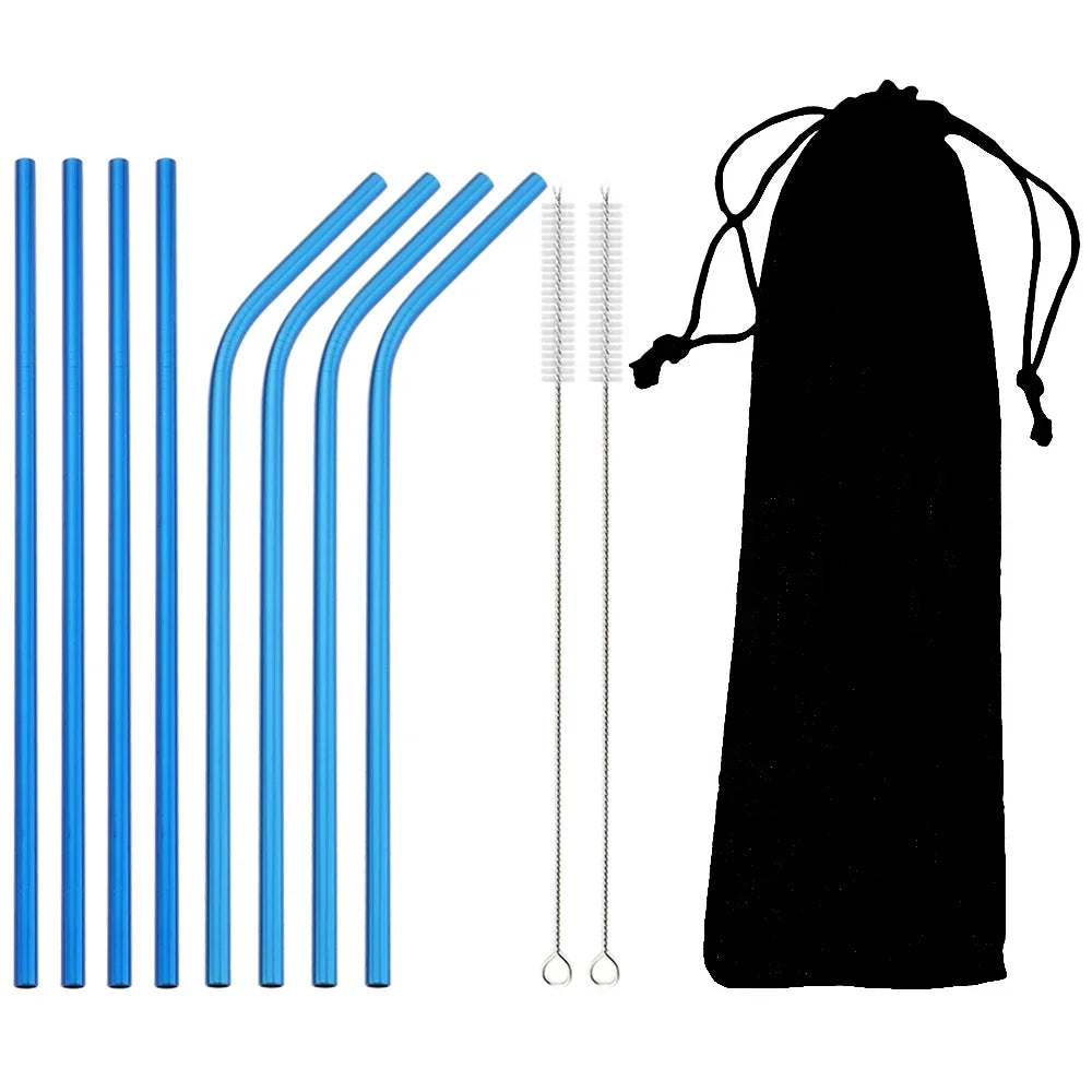 8pcs Colorful Reusable Drinking Straw Metal Straw 304 Stainless Steel Straws Set with Brush Bag Bar Cocktail Straw for Drinkware