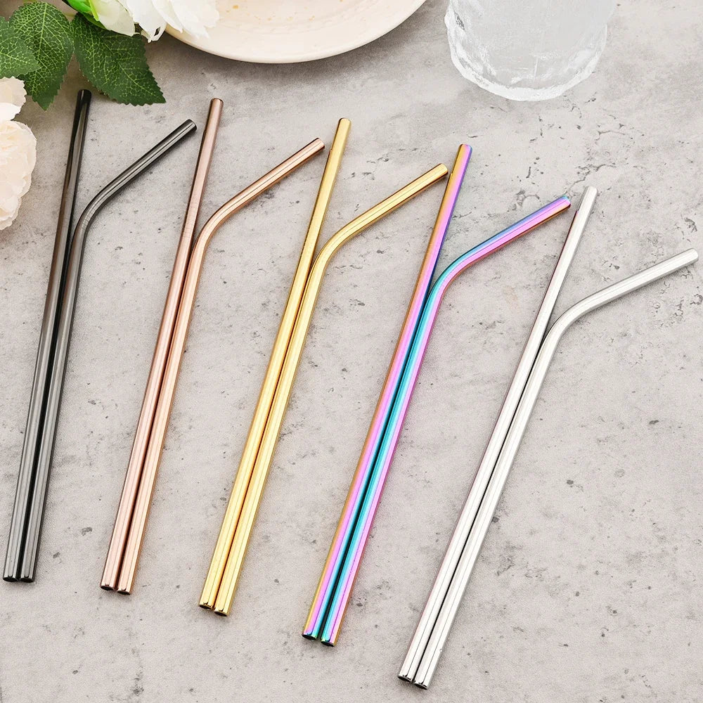 8pcs Colorful Reusable Drinking Straw Metal Straw 304 Stainless Steel Straws Set with Brush Bag Bar Cocktail Straw for Drinkware