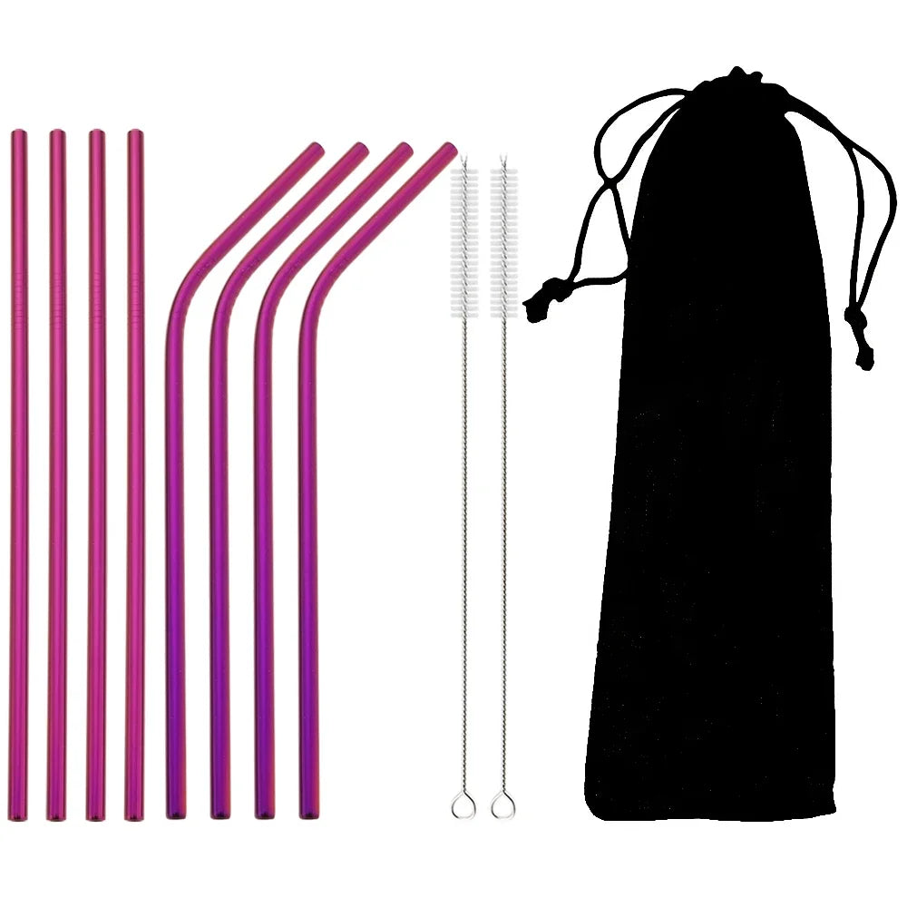 8pcs Colorful Reusable Drinking Straw Metal Straw 304 Stainless Steel Straws Set with Brush Bag Bar Cocktail Straw for Drinkware