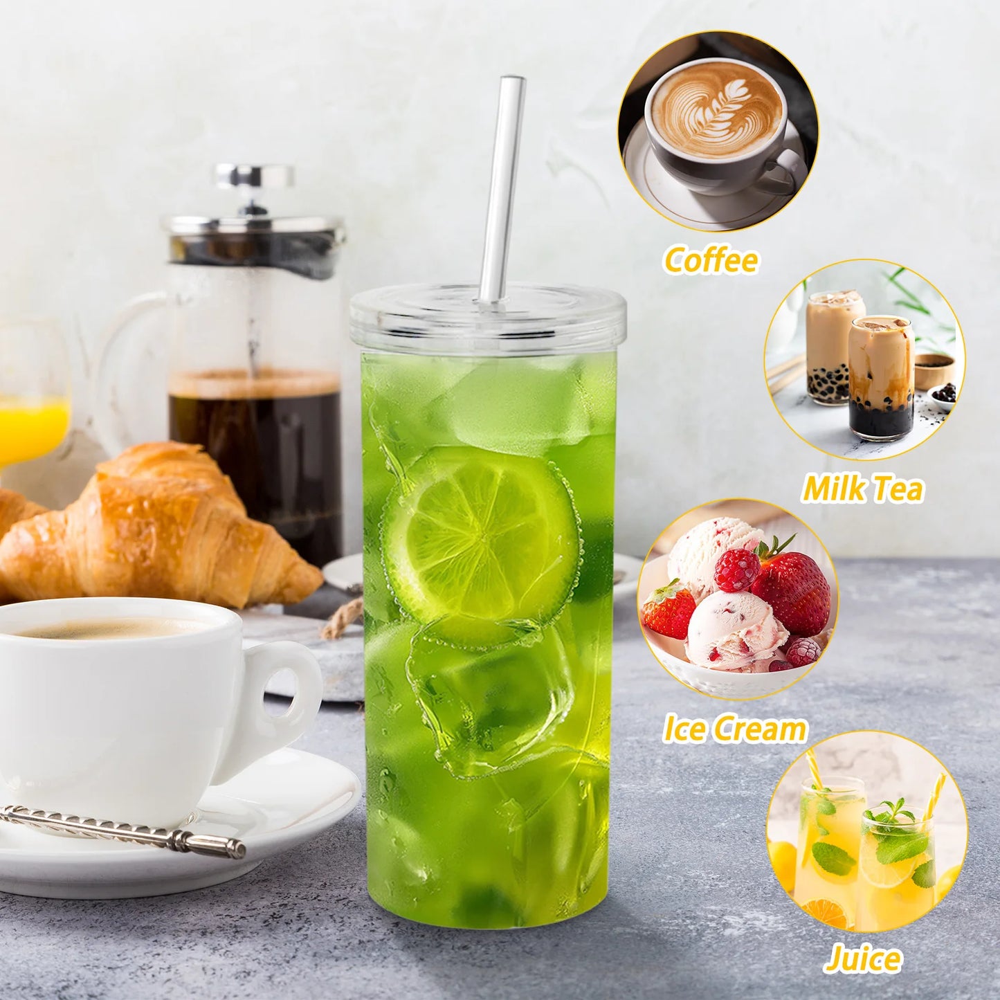 HANSMART 2Pcs 20oz Clear Plastic Tumbler with Lid & Straw, Large Capacity BPA Free Iced Coffee Juice Cup for Home Office Travel Outdoor