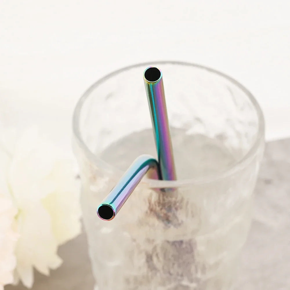 8pcs Colorful Reusable Drinking Straw Metal Straw 304 Stainless Steel Straws Set with Brush Bag Bar Cocktail Straw for Drinkware