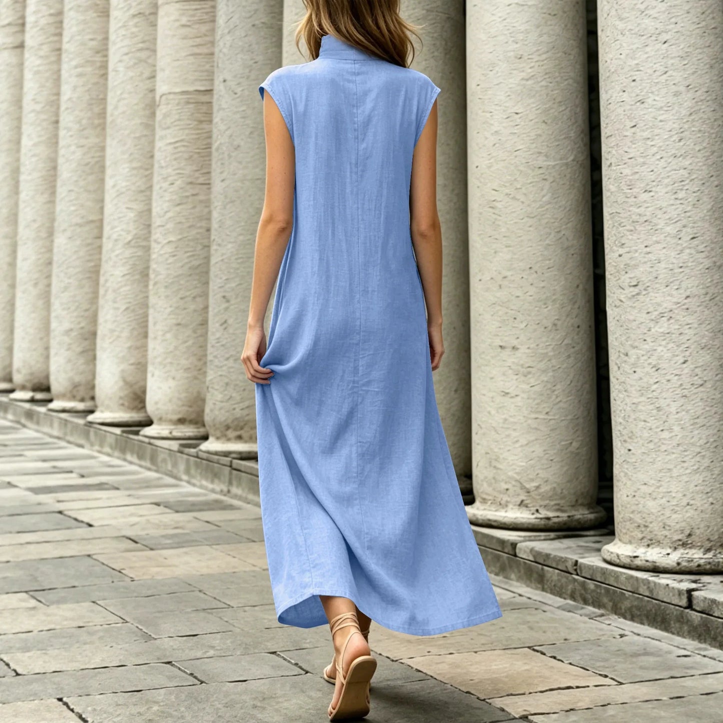 summer women sleeveless holiday long dress for women, elegant and elegant stand-up collar and high slit dress
