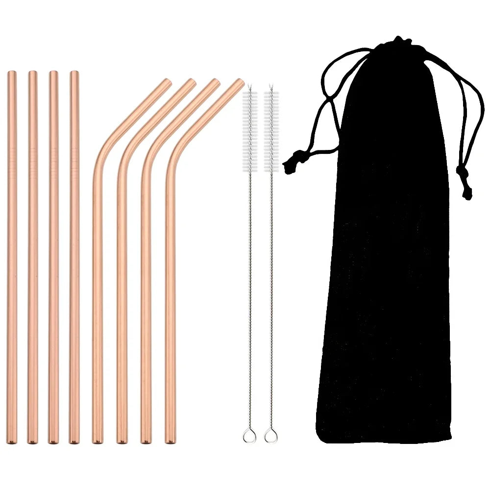 8pcs Colorful Reusable Drinking Straw Metal Straw 304 Stainless Steel Straws Set with Brush Bag Bar Cocktail Straw for Drinkware