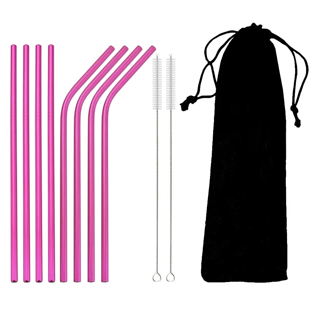 8pcs Colorful Reusable Drinking Straw Metal Straw 304 Stainless Steel Straws Set with Brush Bag Bar Cocktail Straw for Drinkware