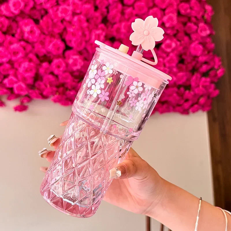 Reusable Drink Cup Party Cups with Straw Lid Cute Cherry Blossom Glass Tumblers for Cold Drinks Home Office Outdoor Summer Gift
