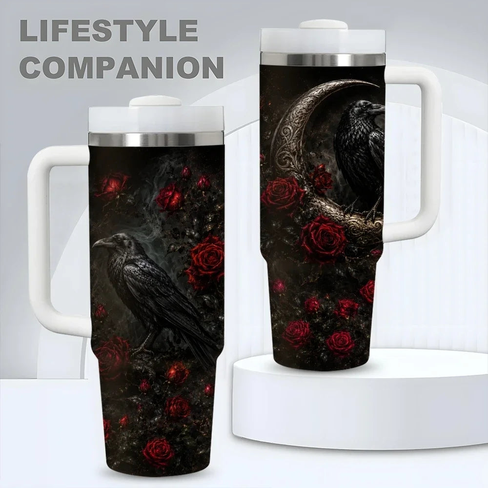 Gothic style crows Vacuum Flasks 40oz Stainless Steel Insulated Tumbler with Handle & Straw Leakproof Travel Mug