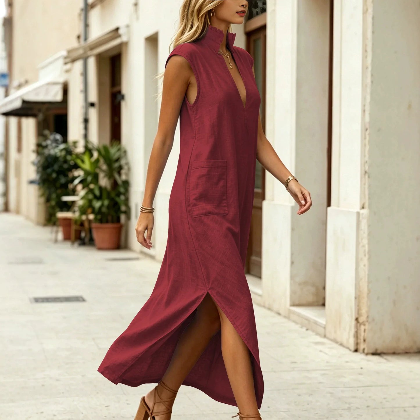 summer women sleeveless holiday long dress for women, elegant and elegant stand-up collar and high slit dress