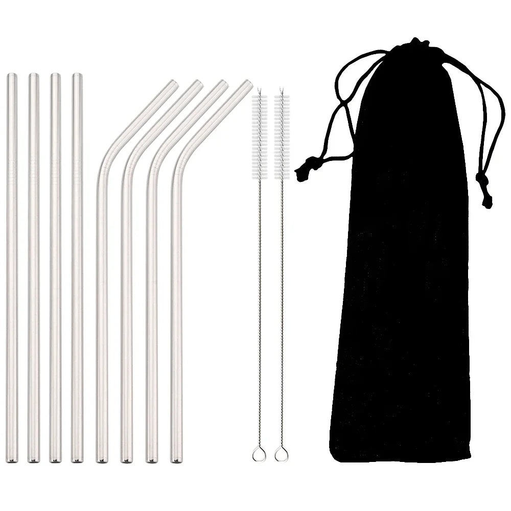 8pcs Colorful Reusable Drinking Straw Metal Straw 304 Stainless Steel Straws Set with Brush Bag Bar Cocktail Straw for Drinkware