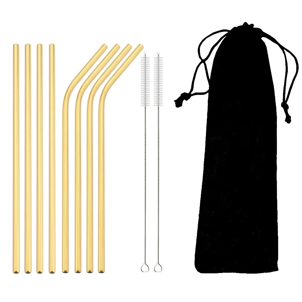 8pcs Colorful Reusable Drinking Straw Metal Straw 304 Stainless Steel Straws Set with Brush Bag Bar Cocktail Straw for Drinkware