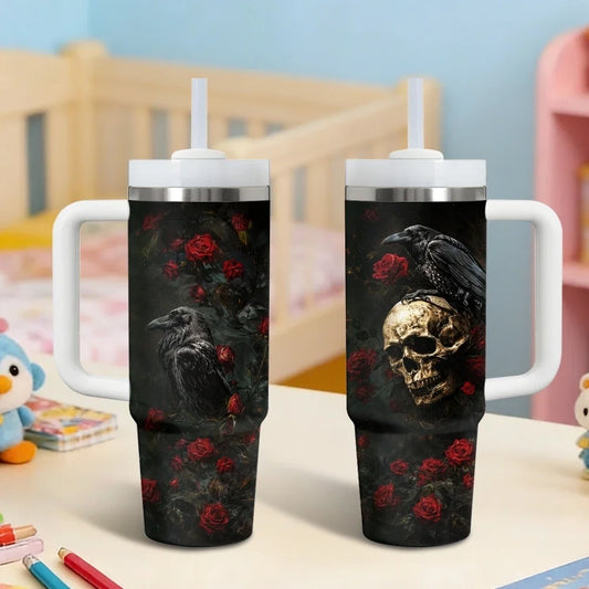 Gothic style crows Vacuum Flasks 40oz Stainless Steel Insulated Tumbler with Handle & Straw Leakproof Travel Mug