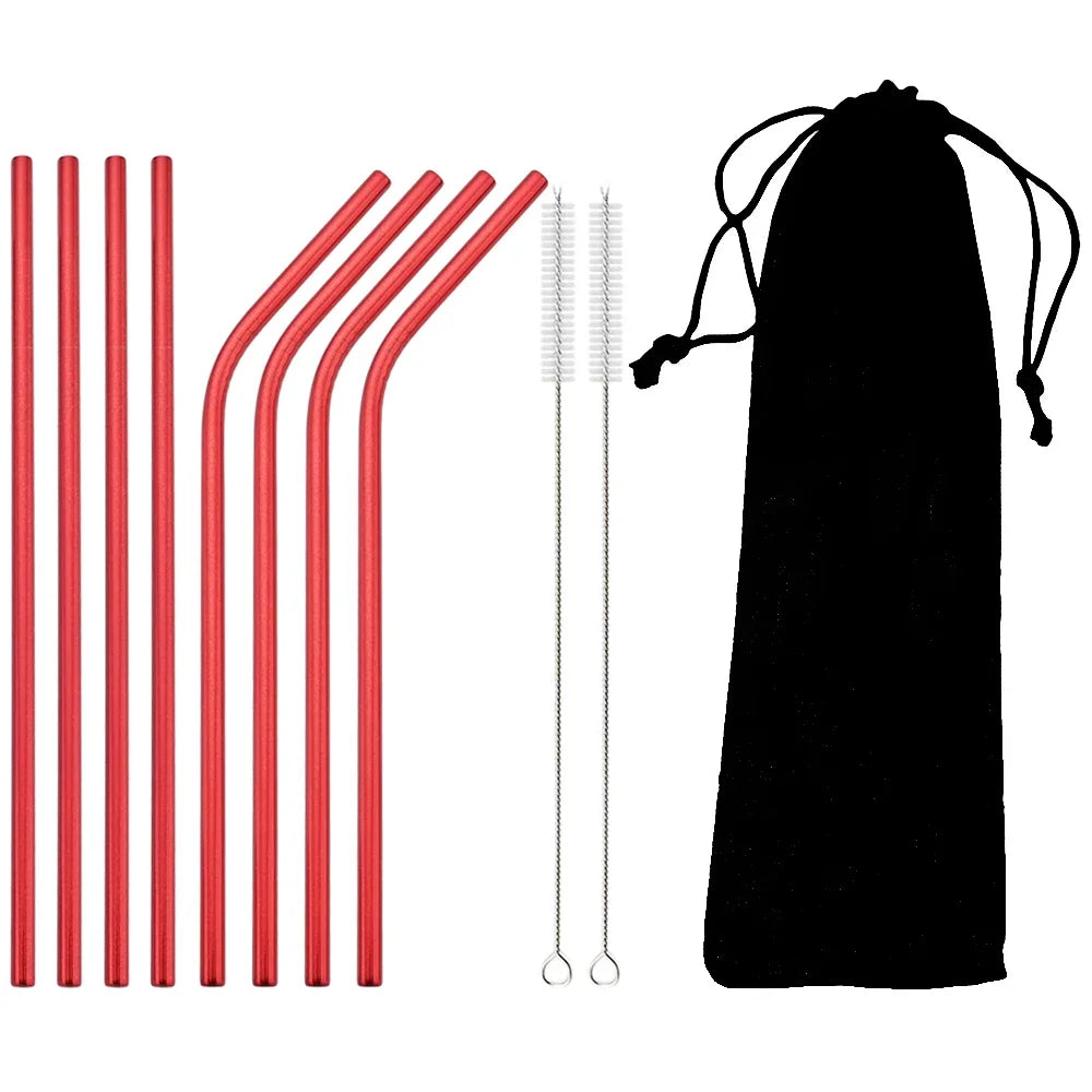 8pcs Colorful Reusable Drinking Straw Metal Straw 304 Stainless Steel Straws Set with Brush Bag Bar Cocktail Straw for Drinkware