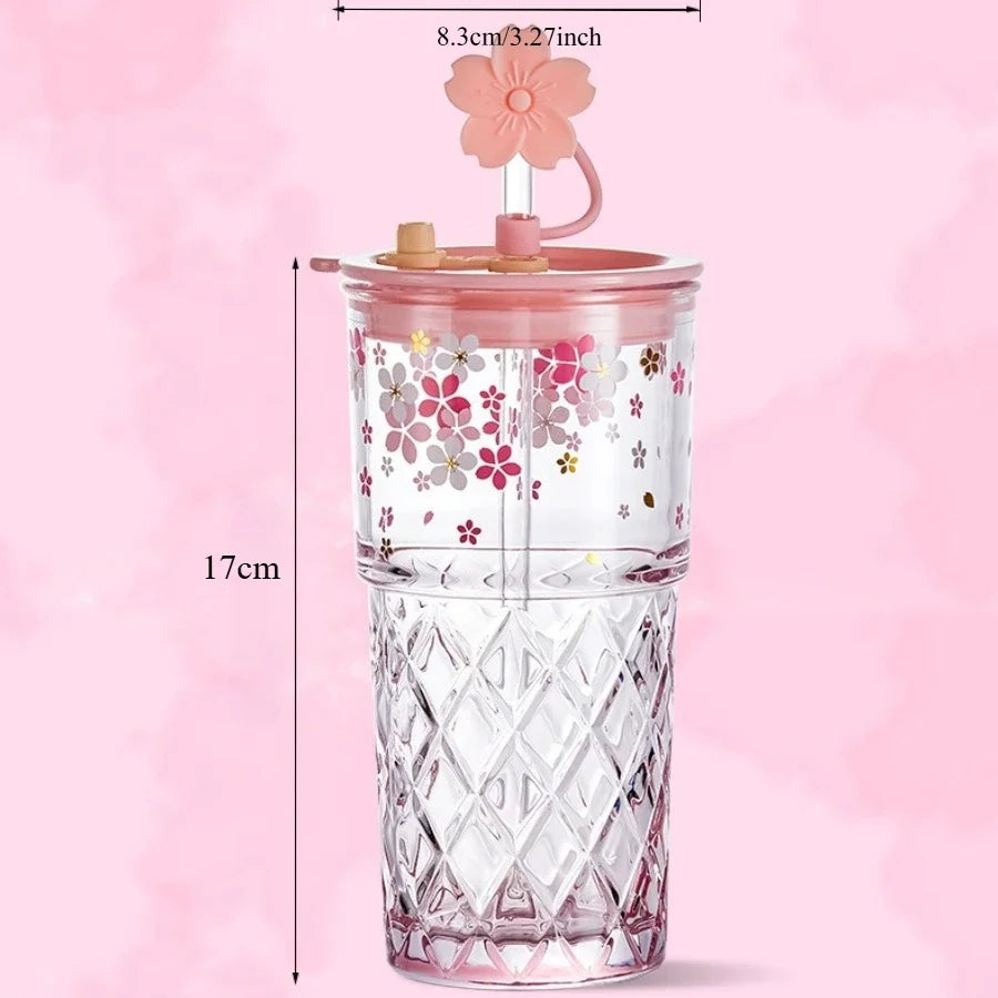 Reusable Drink Cup Party Cups with Straw Lid Cute Cherry Blossom Glass Tumblers for Cold Drinks Home Office Outdoor Summer Gift