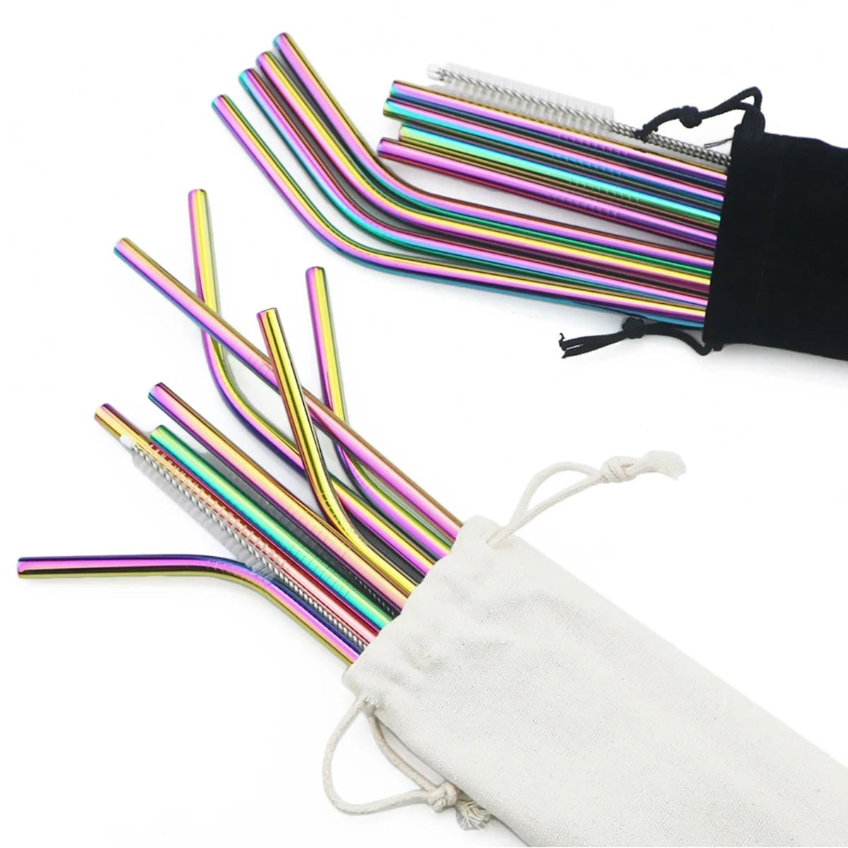 8pcs Colorful Reusable Drinking Straw Metal Straw 304 Stainless Steel Straws Set with Brush Bag Bar Cocktail Straw for Drinkware
