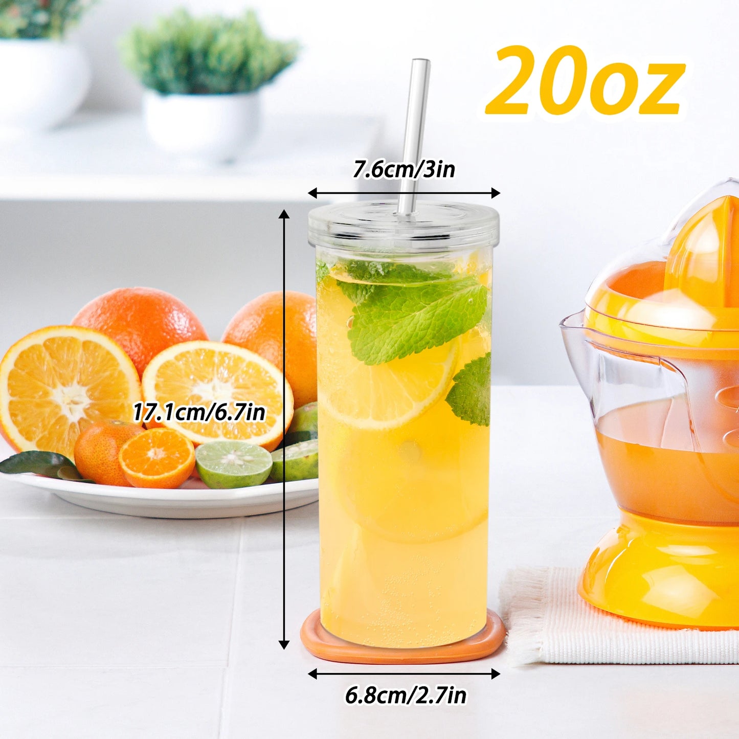HANSMART 2Pcs 20oz Clear Plastic Tumbler with Lid & Straw, Large Capacity BPA Free Iced Coffee Juice Cup for Home Office Travel Outdoor