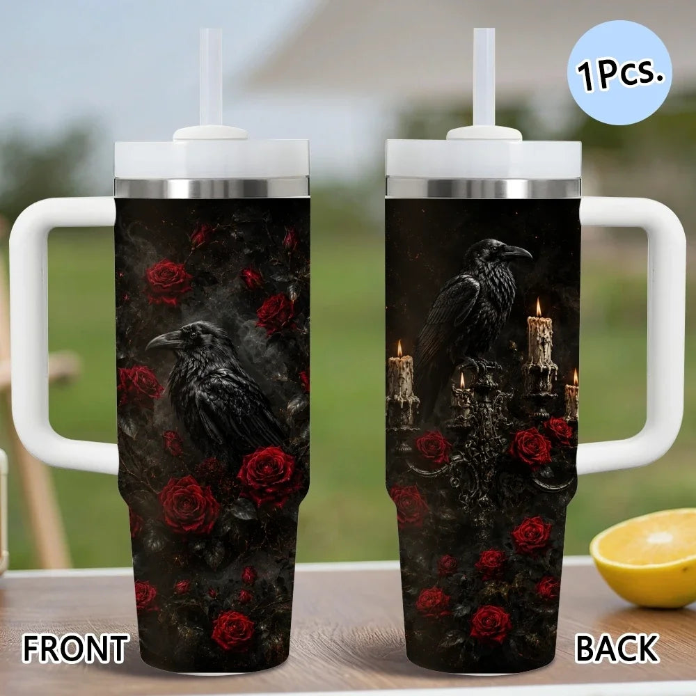 Gothic style crows Vacuum Flasks 40oz Stainless Steel Insulated Tumbler with Handle & Straw Leakproof Travel Mug