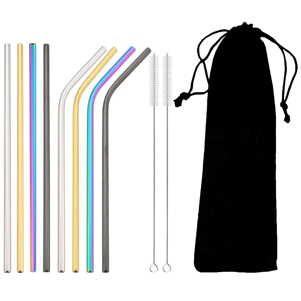 8pcs Colorful Reusable Drinking Straw Metal Straw 304 Stainless Steel Straws Set with Brush Bag Bar Cocktail Straw for Drinkware